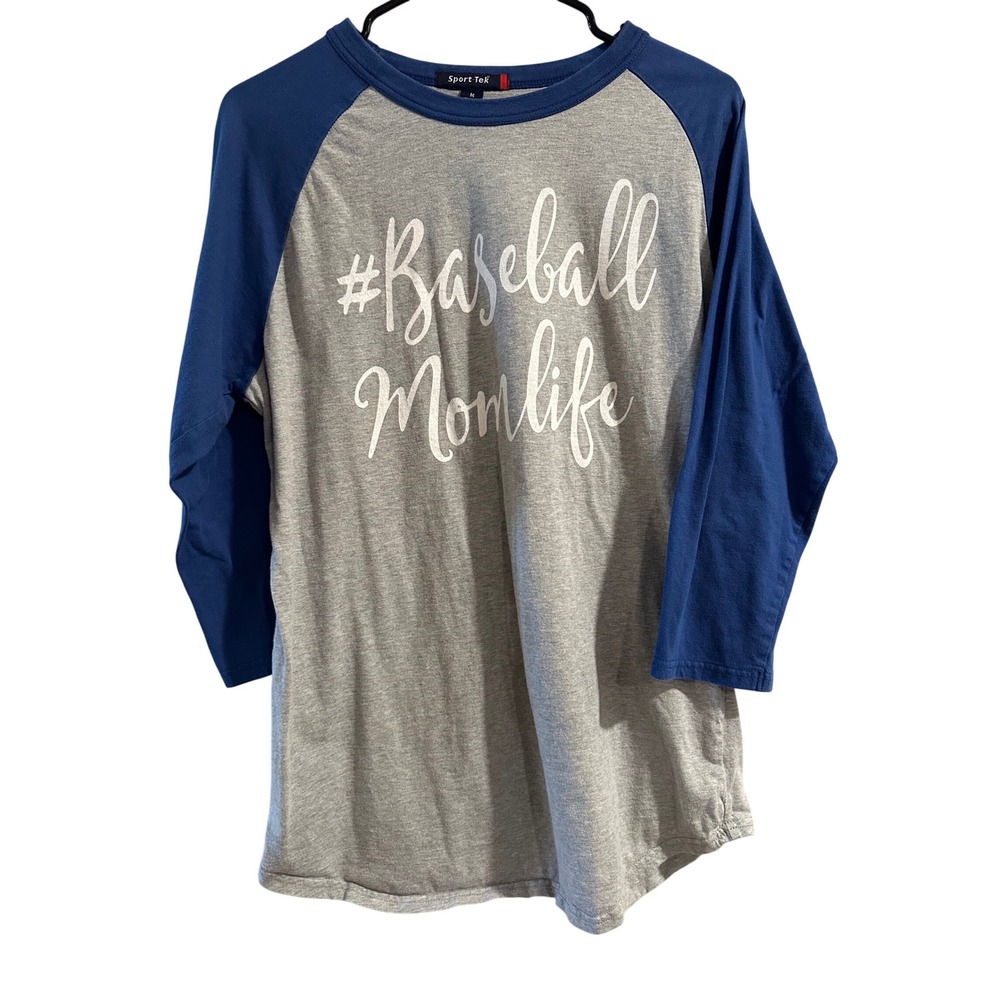 Sport-Tek Womens Baseball Momlife Raglan Tee Blue Grey 3/4 Sleeve Shirt Medium